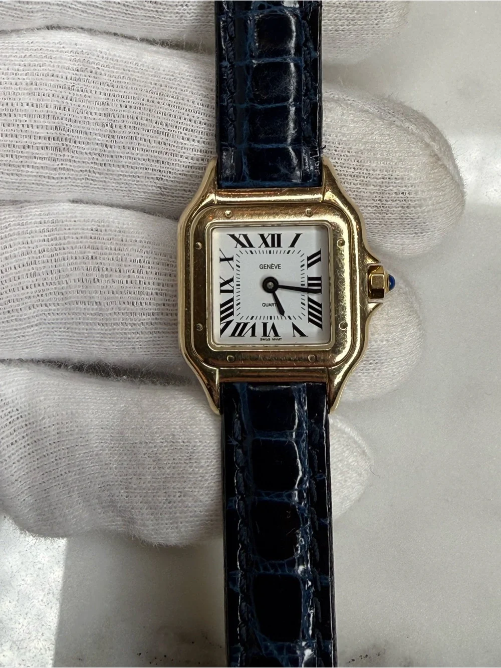 Geneve 14k Ladies Panthere Tank Solid Yellow Gold Watch Blue Crocodile Strap